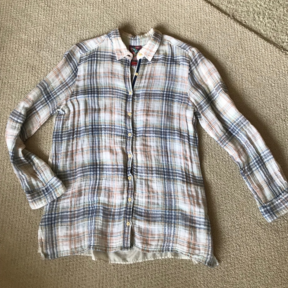 JOHNNY WAS Plaid Gauze Blouse with Back Embroidery